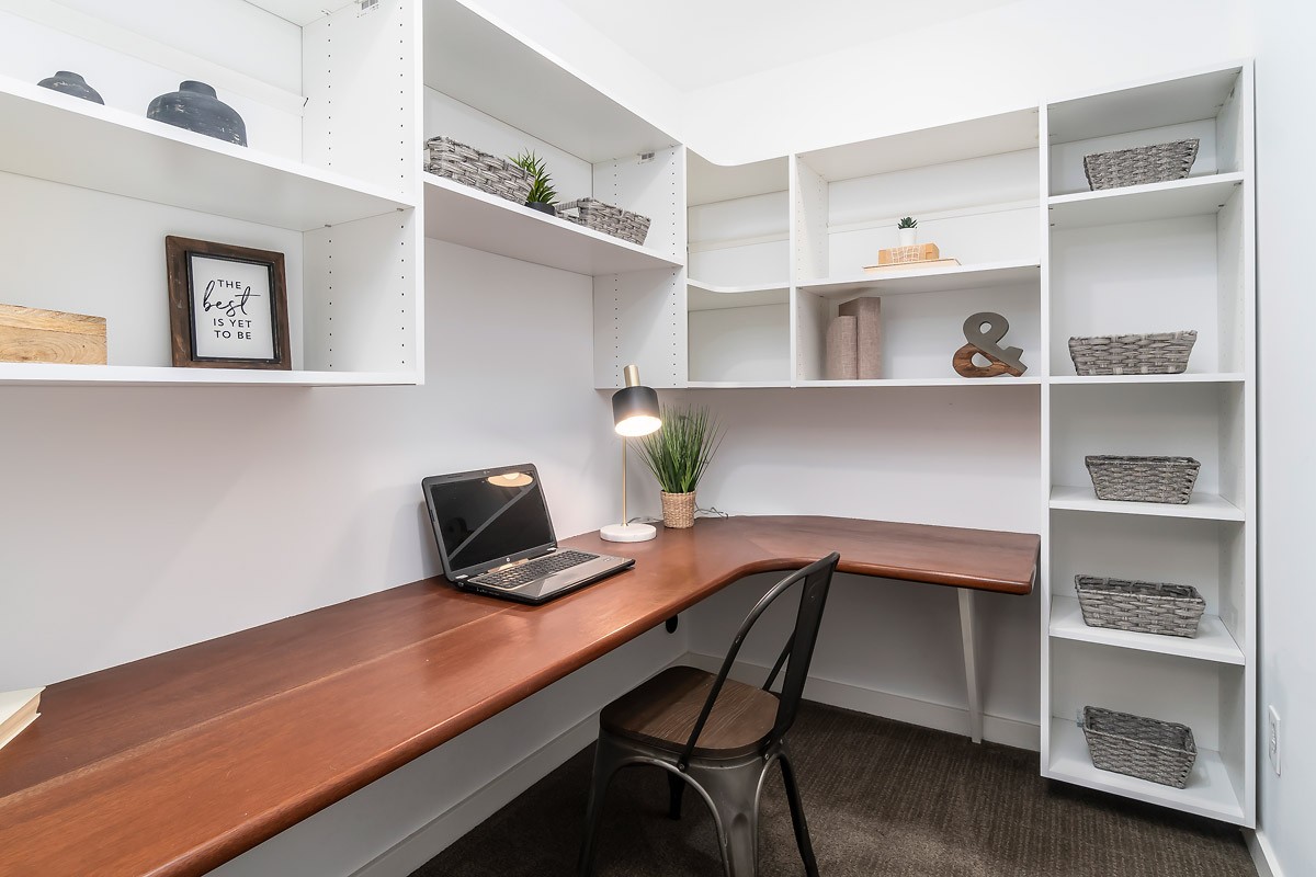 Den/office with custom wood desktop